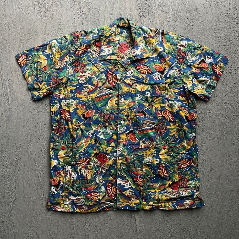 Vintage Hawaiian Shirt Large Blue 1950s USA Cotton Button Up